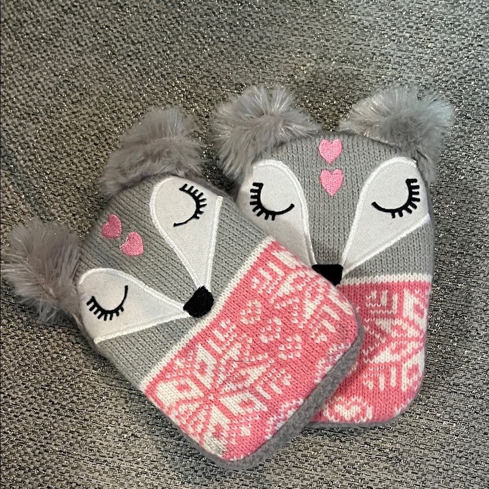 Gray and Pink Fox Hand warmers with reusable warmers